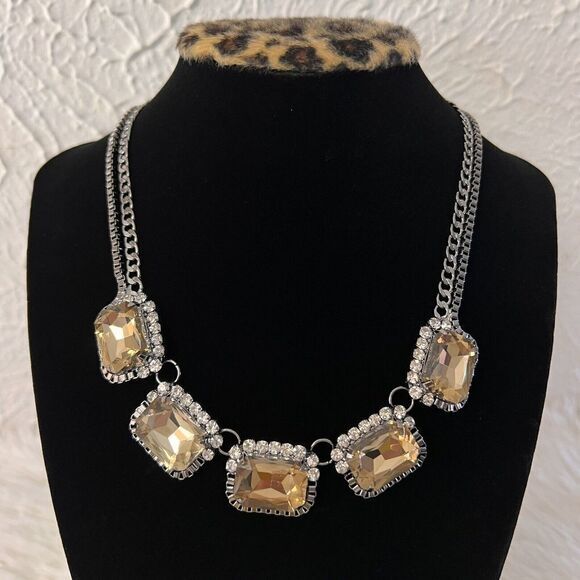 FAUX CITRINE RHINESTONE GLASS SILVER TONE CHOKER DOUBLE CHAIN NECKLACE 16.5"+ 3" - Picture 3 of 10
